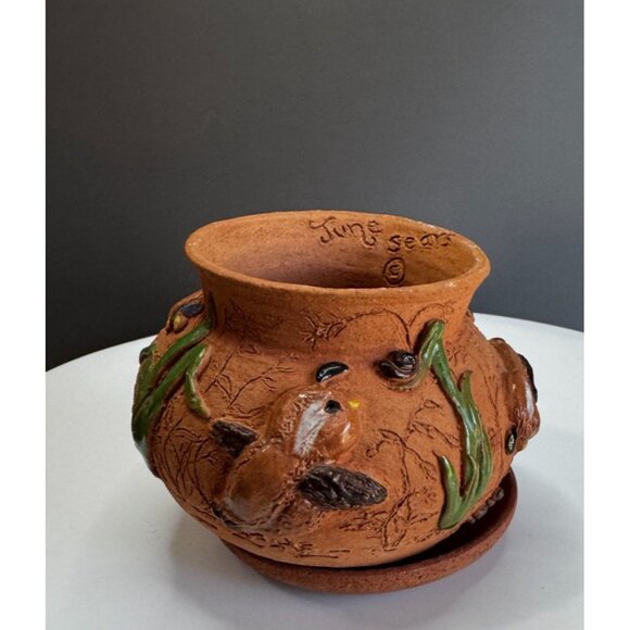 June Sears Signed Folk Art Pottery Planter Bird & Flower Design 4 1/4" Terracott - Picture 4 of 6
